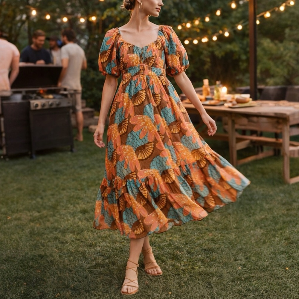 Cleobella Anthropologie Jesse Midi Organic Cotton Boho Dress Puff Sleeve XS $258